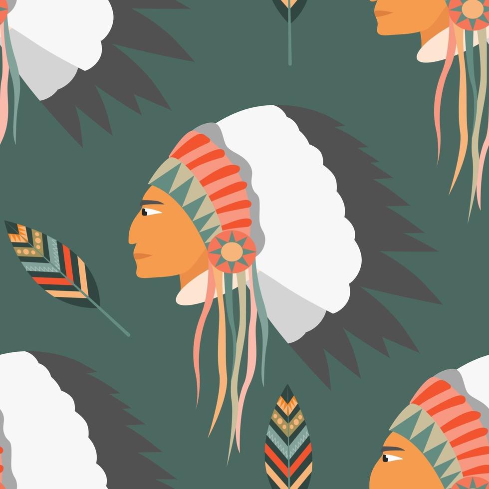 Vector seamless pattern with a profile of an Indian in a headdress and feathers