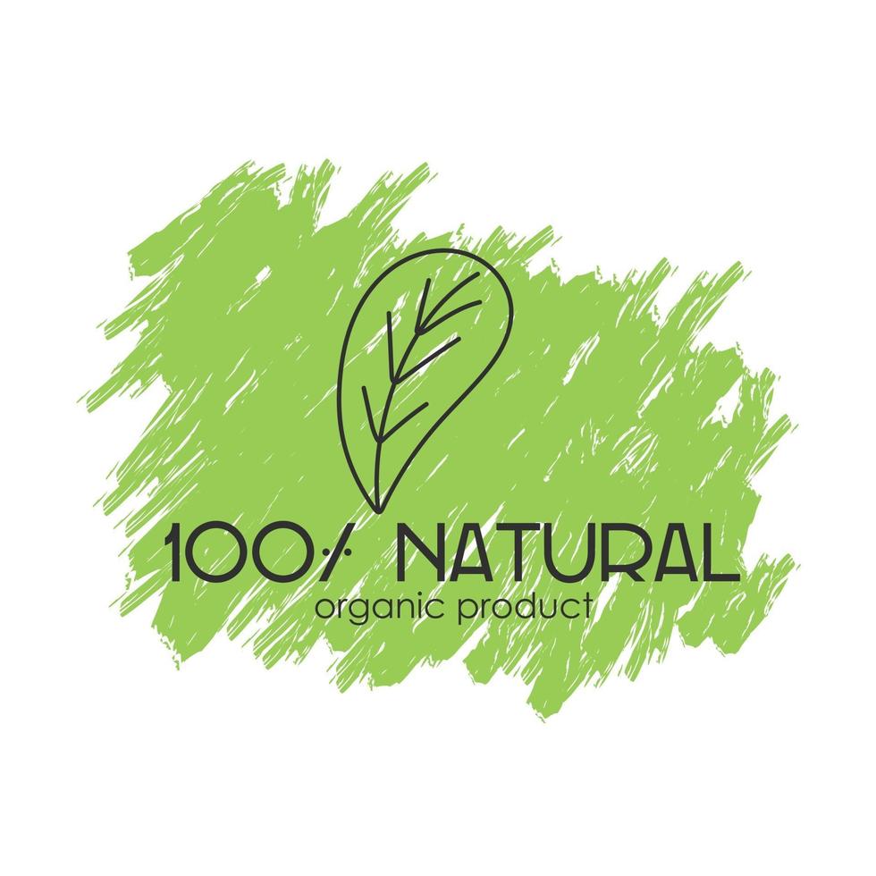 Vector logo with the inscription 100 natural organic product with a decorative element on a green eco background