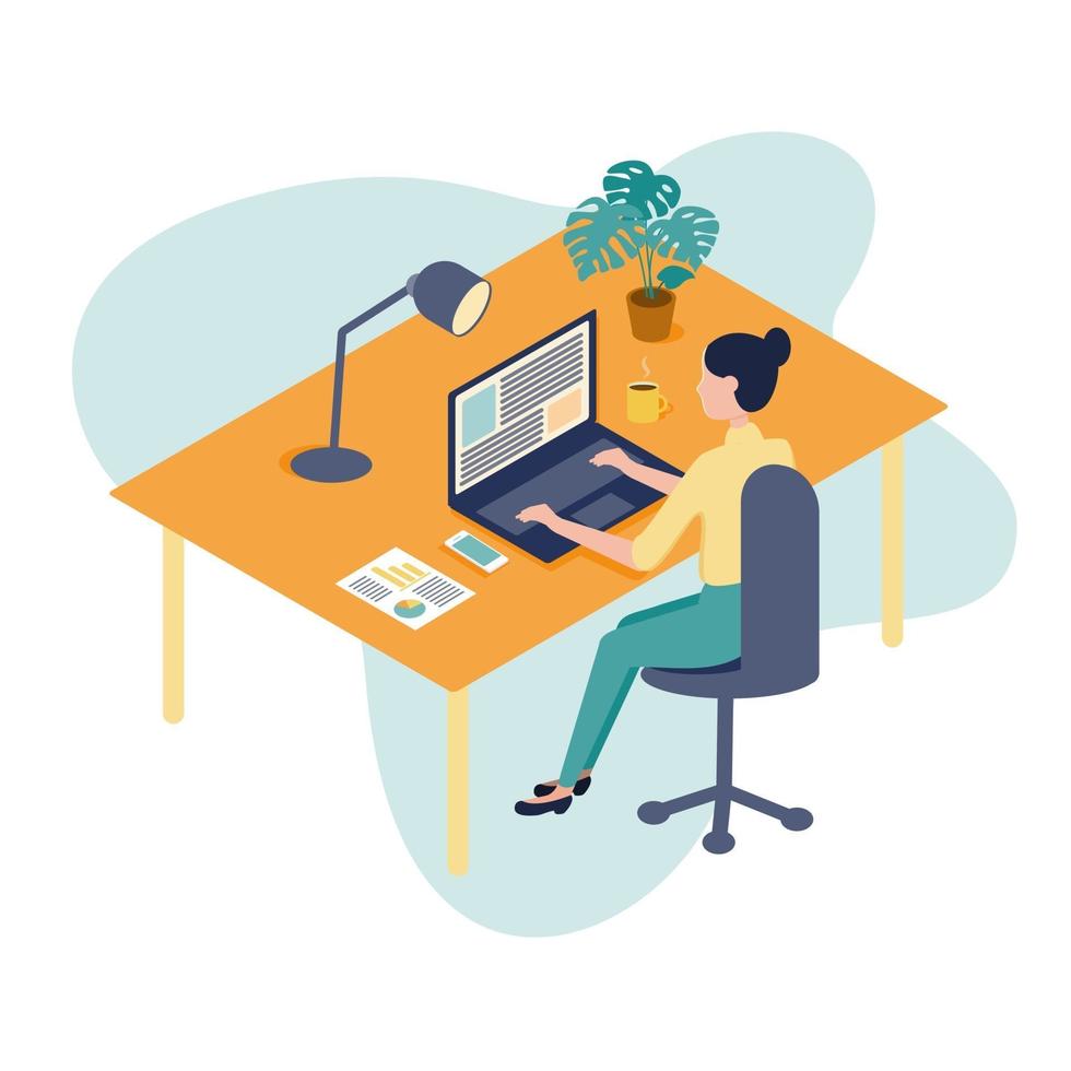 Woman Working at Home Office. Character Sitting at Desk in Room, Looking at Computer Screen and Talking with Colleagues Online. Home Office Concept. vector