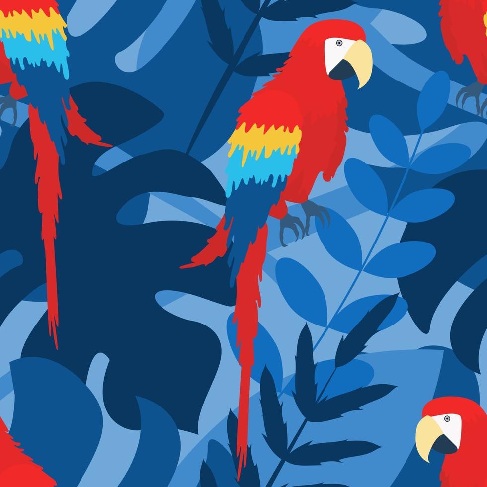 Vector patrón sin fisuras con la imagen de un guacamayo rojo en una rama en colores brillantes sobre un fondo azul entre plantas tropicales