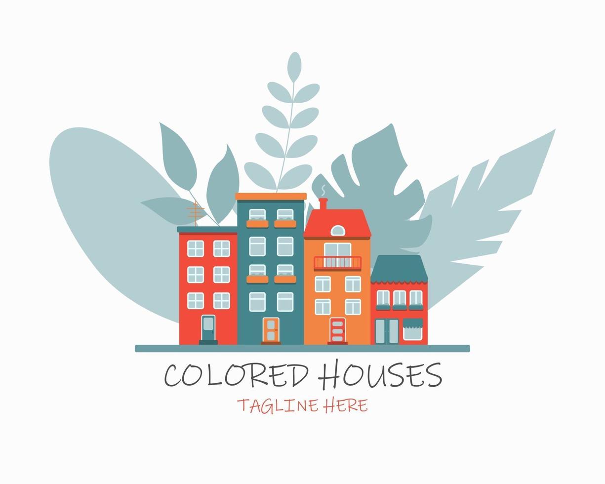 Vector de imagen plana con coloridas casas y plantas brillantes sobre un fondo blanco.