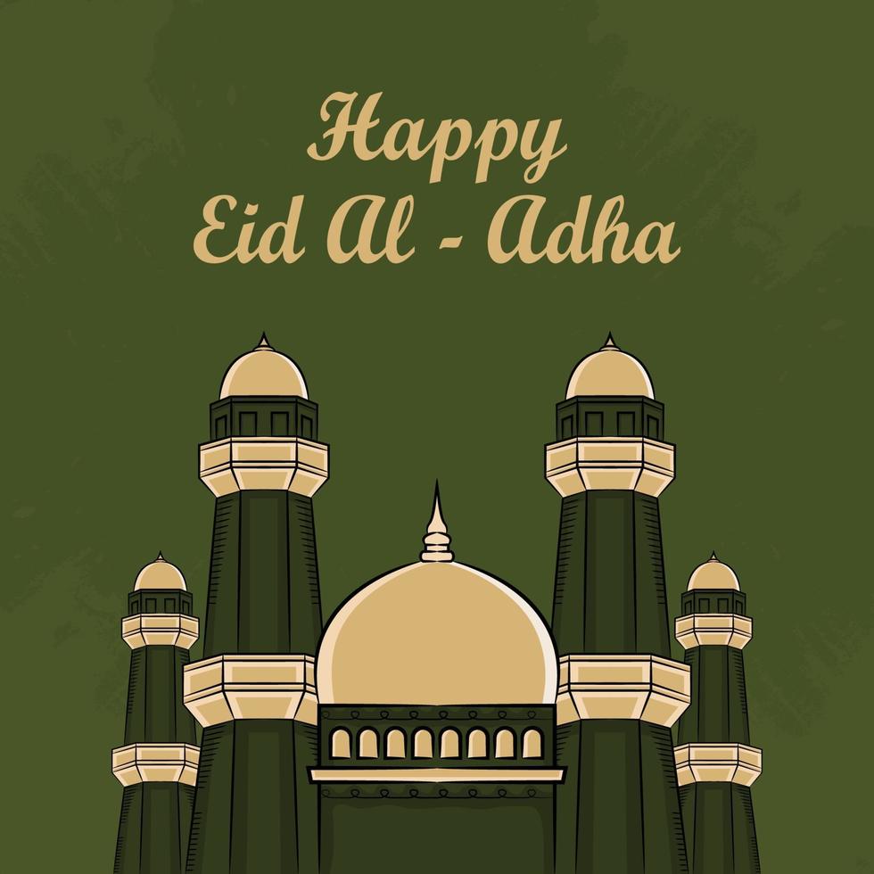 Eid al-Adha Greeting Cards with Hand drawn mosque in Green Background. vector