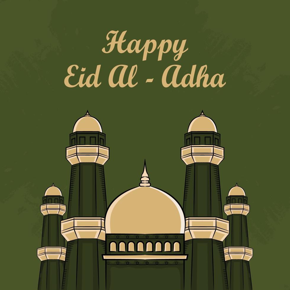 Tarjetas de felicitación de eid al-adha con mezquita dibujada a mano en fondo verde. vector