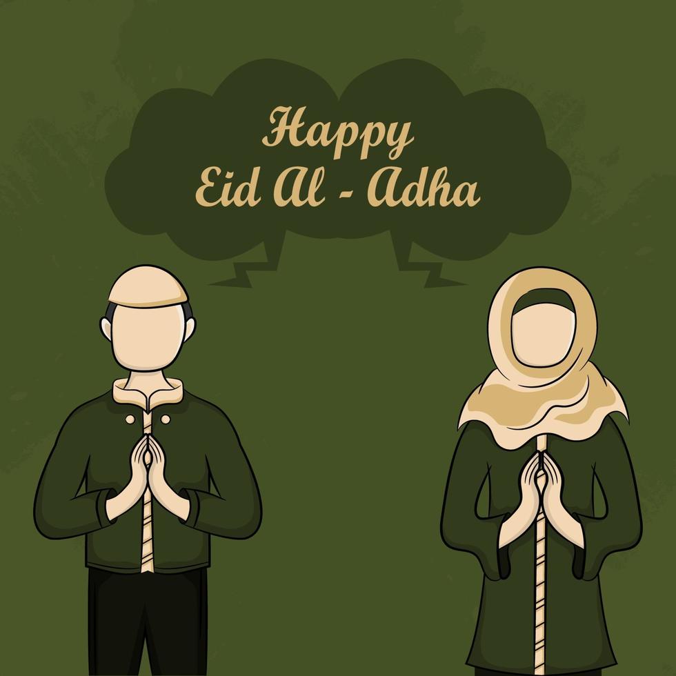 Tarjetas de felicitación de eid al-adha con musulmanes dibujados a mano sobre fondo verde. vector