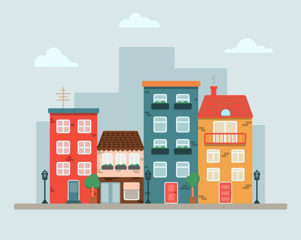 City with colorful houses by the road vector