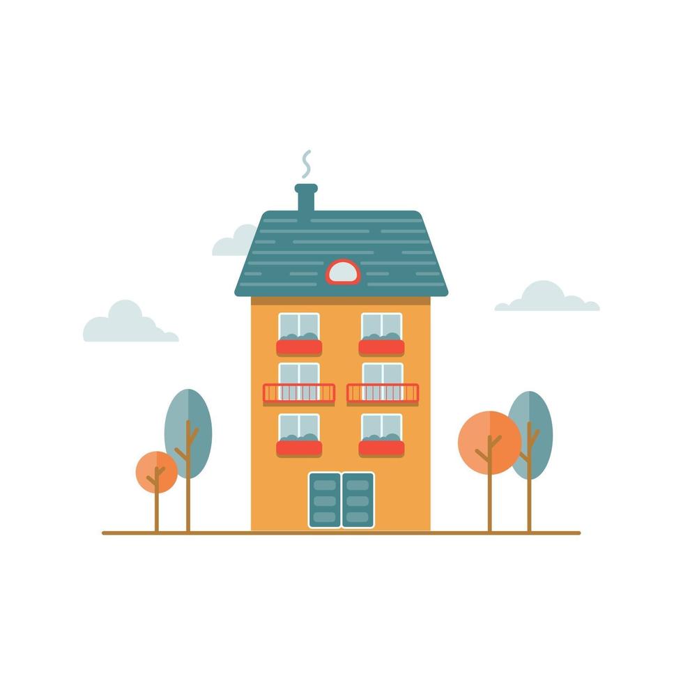 Vector flat illustration with orange house and trees on a white background