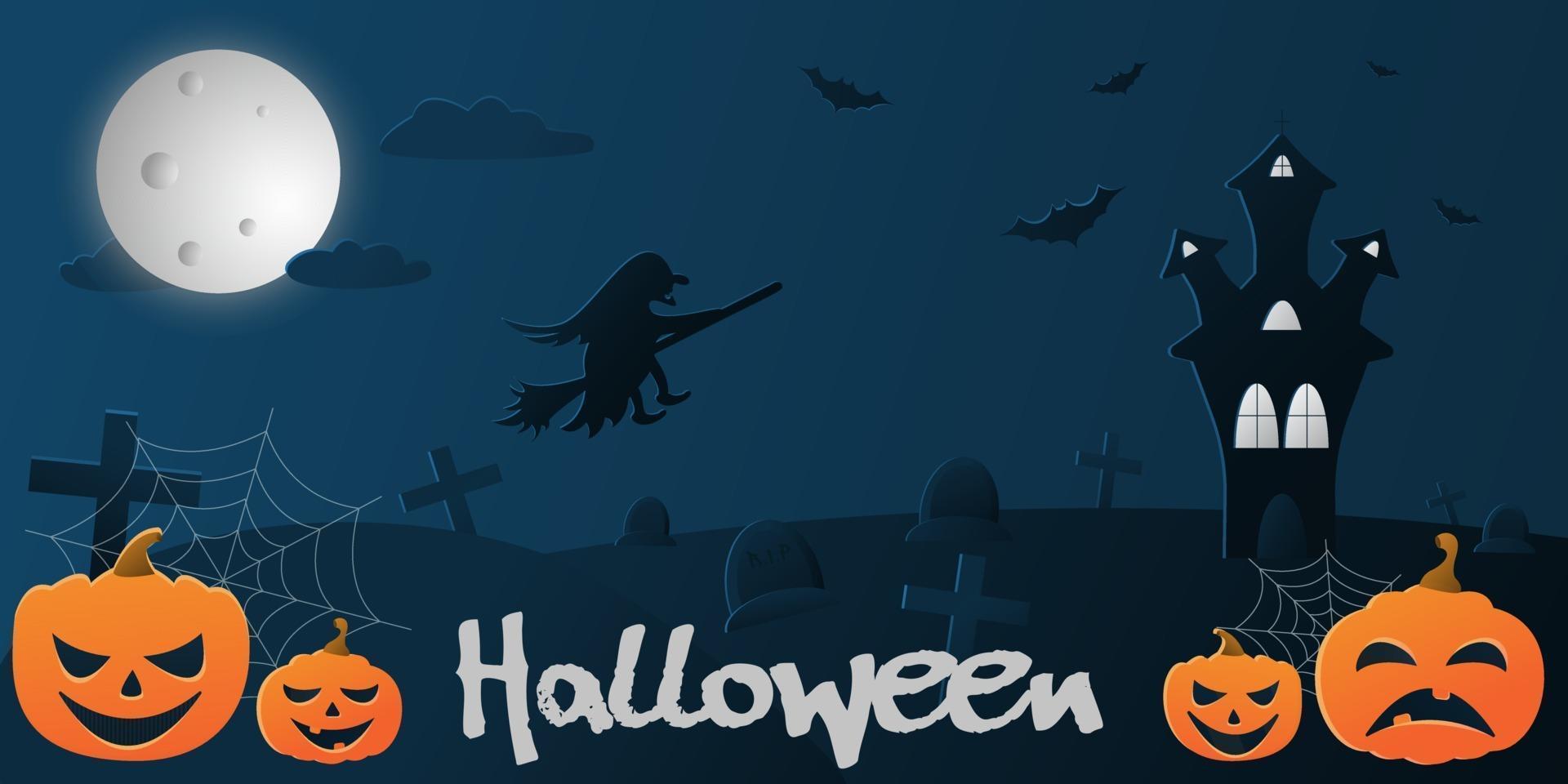 vector ilustración plana con un degradado sobre el tema de halloween, fondo azul con la imagen de una bruja voladora en el cielo, un castillo, murciélagos y calabazas