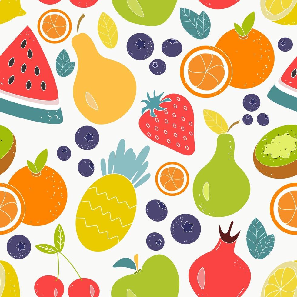 Vector bright seamless pattern of juicy fruits and berries on a white background