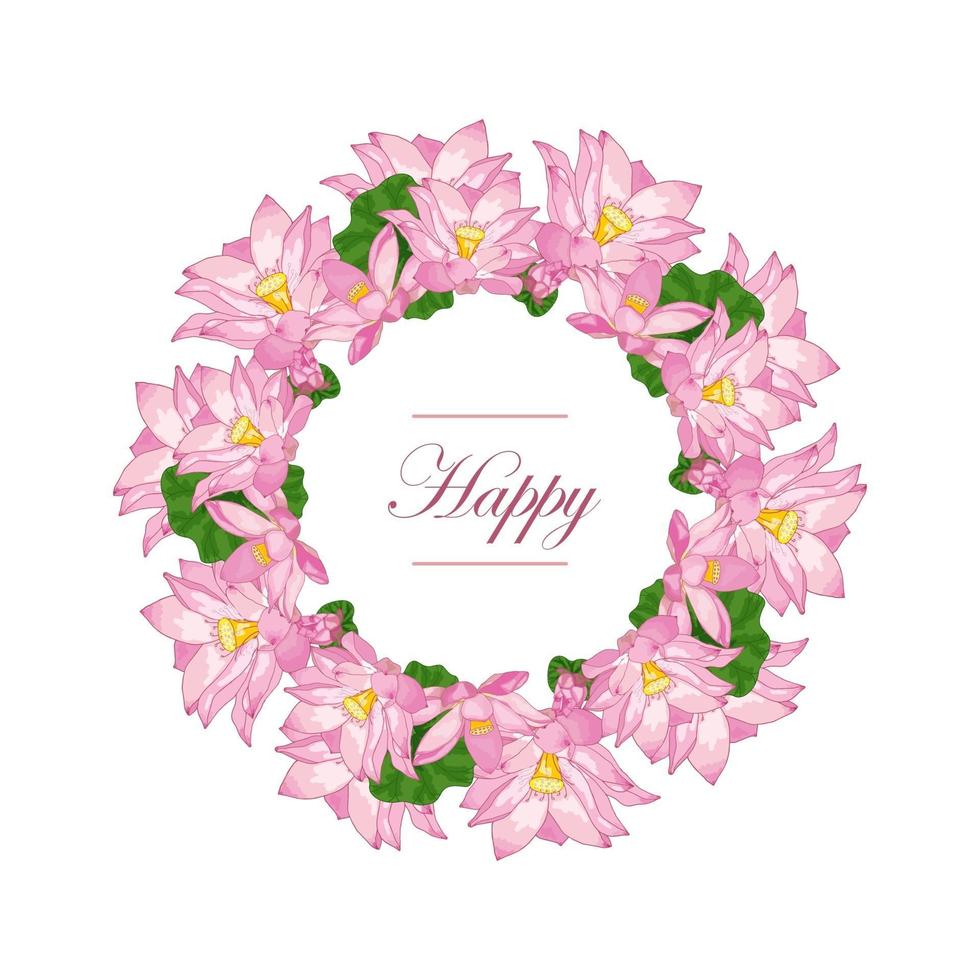 Vector flat illustration in the form of a wreath of pink flowers and Lotus leaves on a white background with an inscription in the center. Design of invitations, greeting and wedding cards