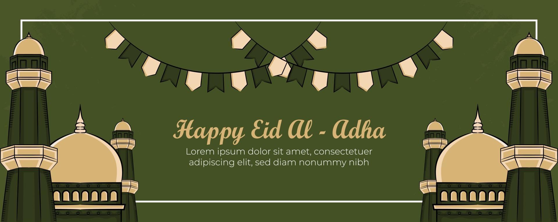 Eid al-adha banner template with Hand drawn Muslim People, Mosque, Lantern and islamic ornament in Green Background. vector