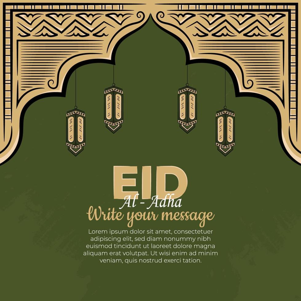 Tarjetas de felicitación de eid al-adha con linterna dibujada a mano en fondo verde. vector