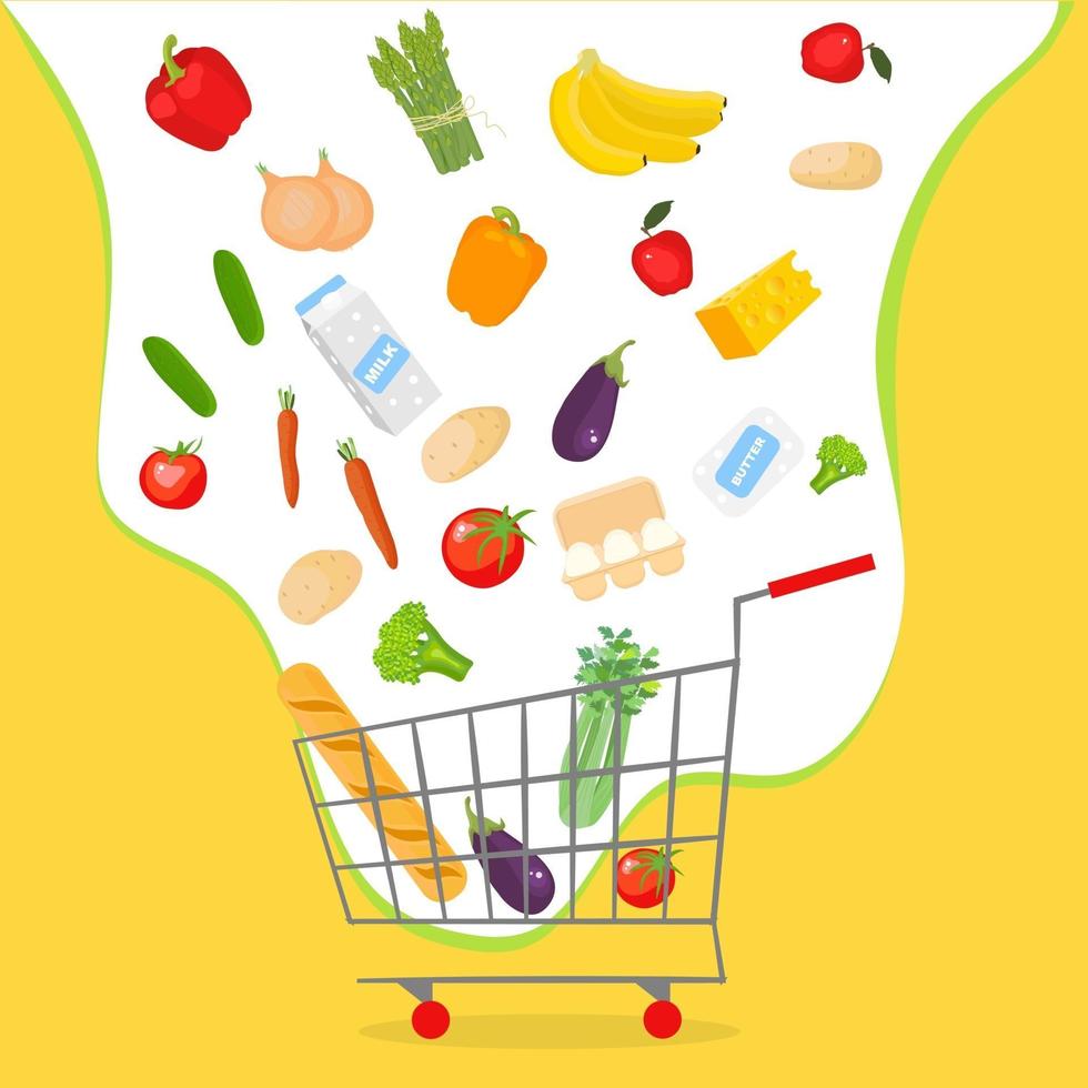 frutas, verduras y otros alimentos están volando hacia el carro de la tienda. compras, compras en línea ilustración del concepto de vector en estilo de dibujos animados.