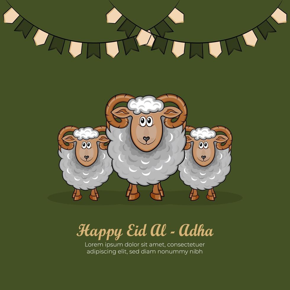 Eid al-Adha Greeting Cards with Hand drawn sheep in Green Background. vector