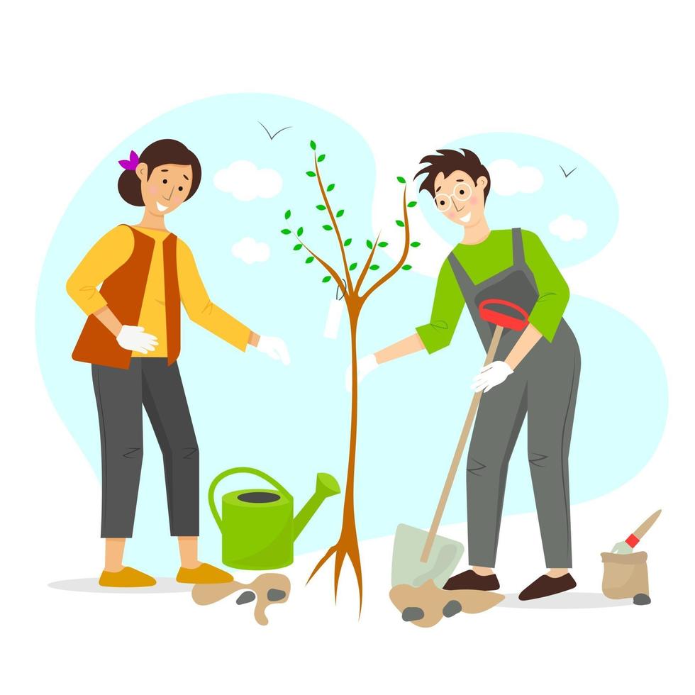 Ilustración de concepto de vector de jardinería con hombre y mujer plantando un árbol