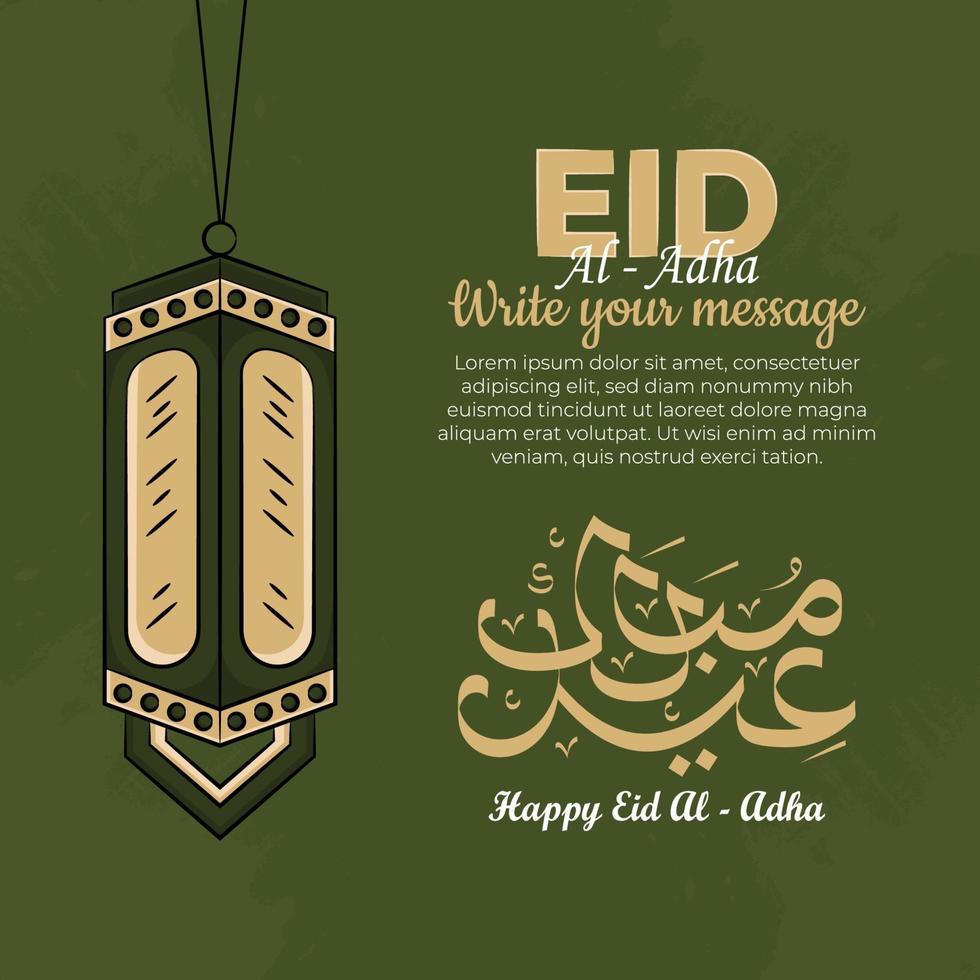 Tarjetas de felicitación de eid al-adha con linterna dibujada a mano en fondo verde. vector