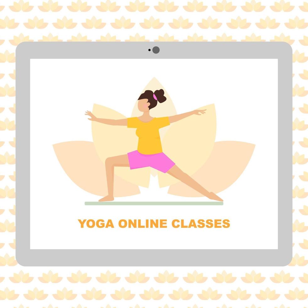 Yoga online classes vector concept. Online yoga lessons cartoon flat illustration with seamless pattern background.