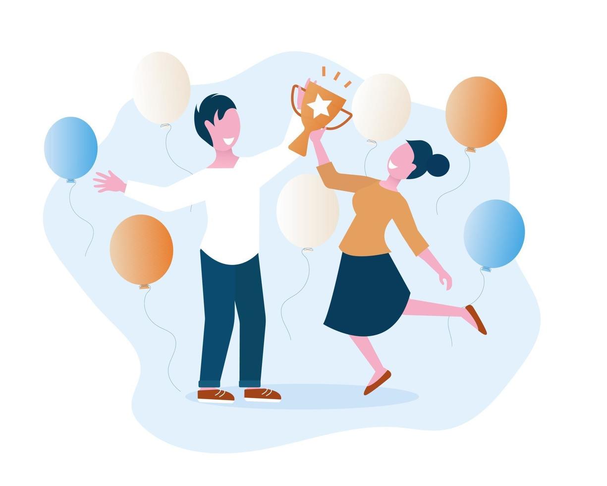 Man and woman are holding award cup vector