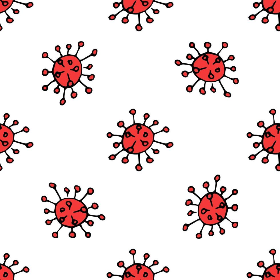 Vector seamless pattern on a medical theme in Doodle style, coronavirus in red on a white background