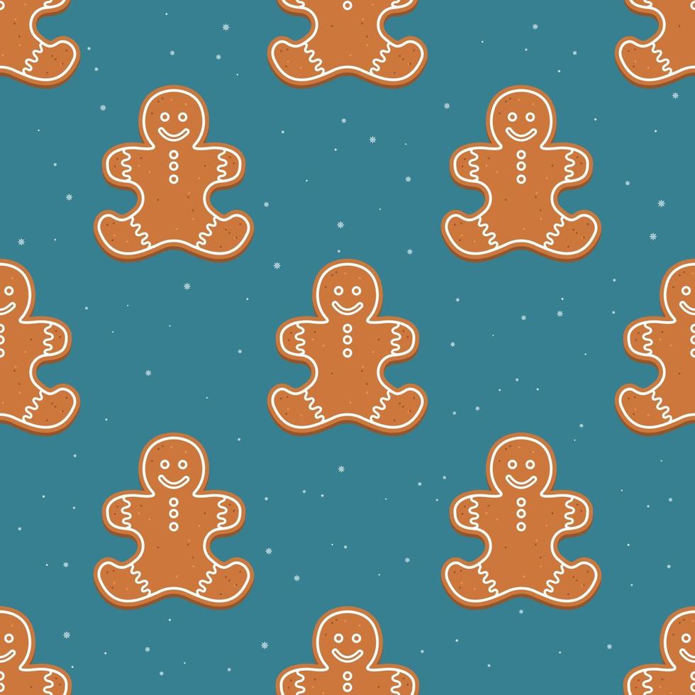 Vector seamless Christmas and new year pattern with gingerbread man and snowflakes on a dark background