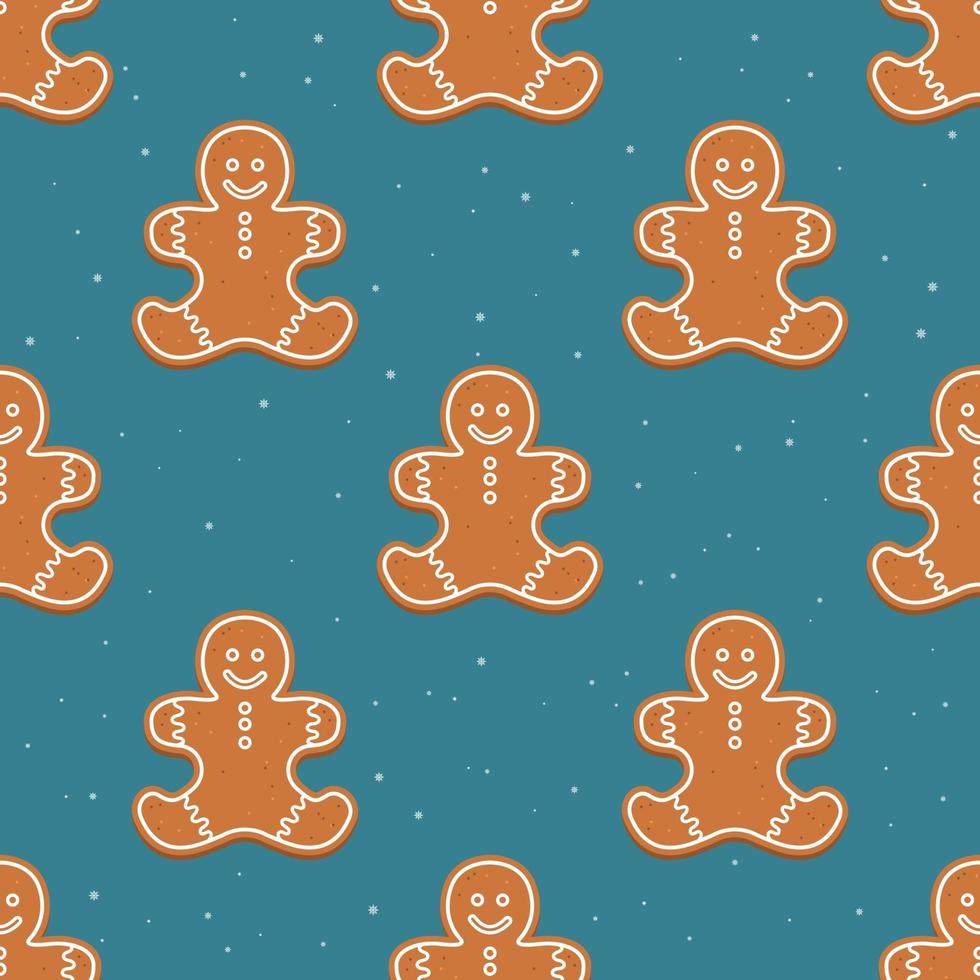 Vector seamless Christmas and new year pattern with gingerbread man and snowflakes on a dark background