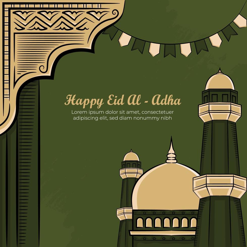 Tarjetas de felicitación de eid al-adha con mezquita dibujada a mano en fondo verde. vector