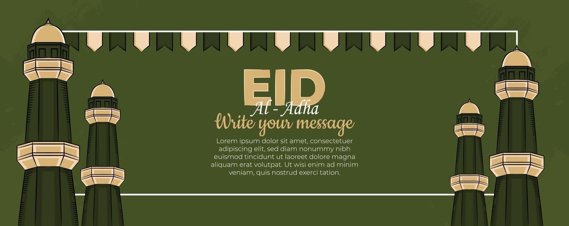 Plantilla de banner de eid al-adha con musulmanes dibujados a mano, mezquita, linterna y adornos islámicos en fondo verde. vector