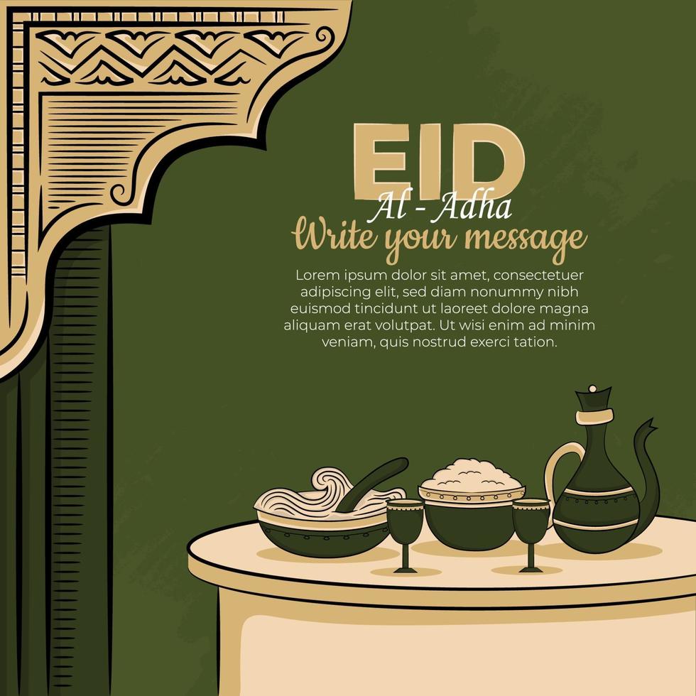 Tarjetas de felicitación de eid al-adha con comida musulmana dibujada a mano y adornos islámicos en fondo verde. vector