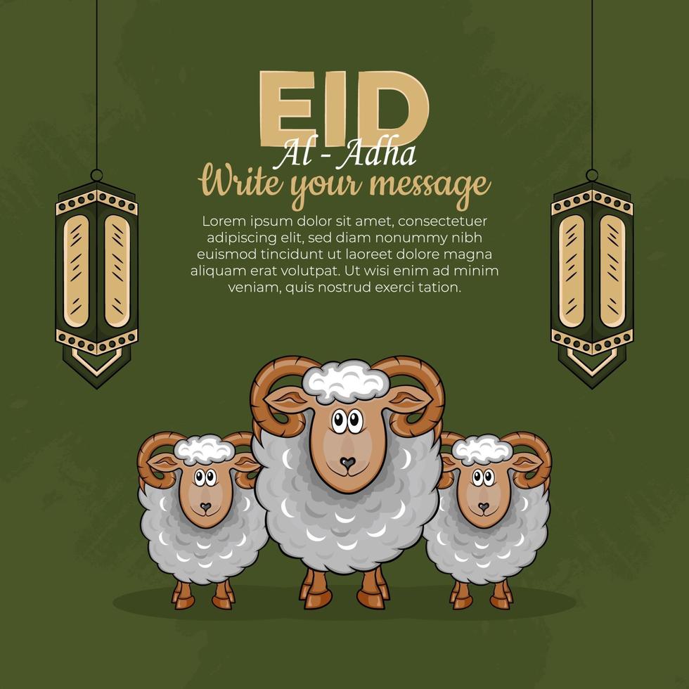 Tarjetas de felicitación de eid al-adha con ovejas dibujadas a mano y linternas en fondo verde. vector