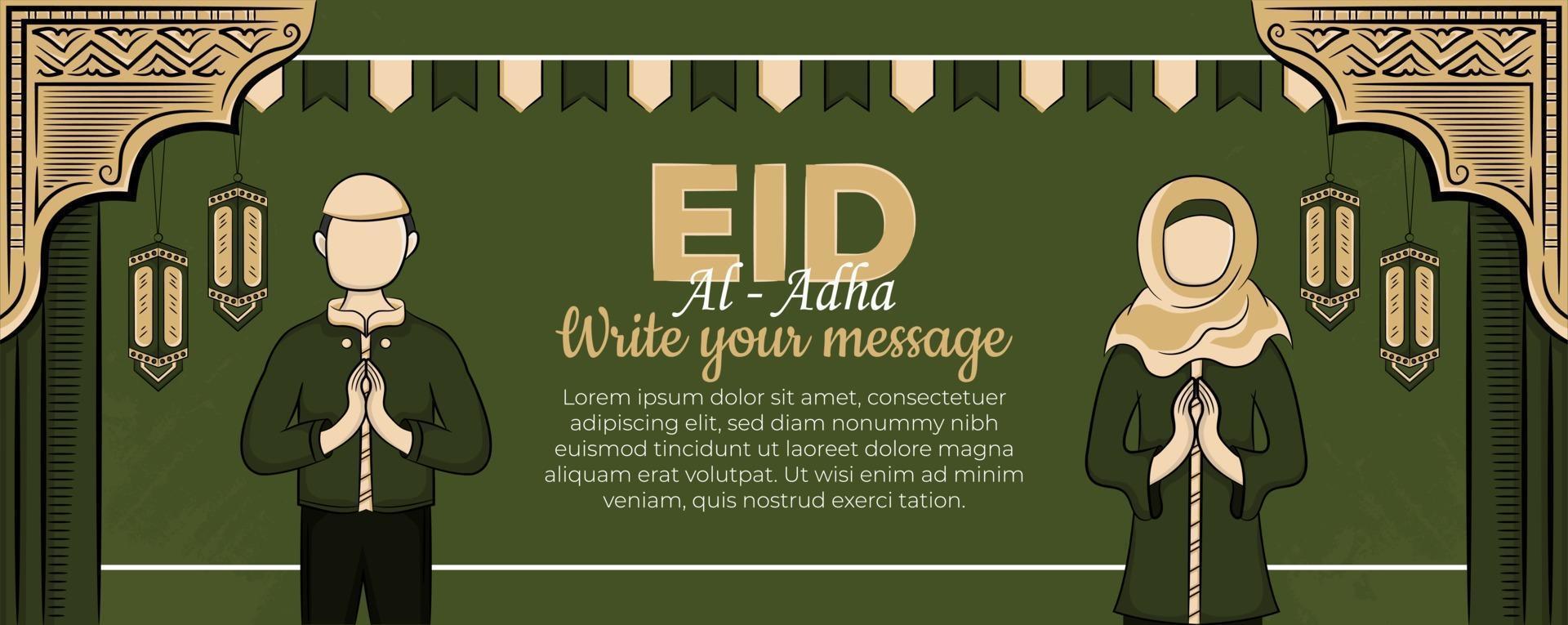 Eid al-adha banner template with Hand drawn Muslim People, Mosque, Lantern and islamic ornament in Green Background. vector