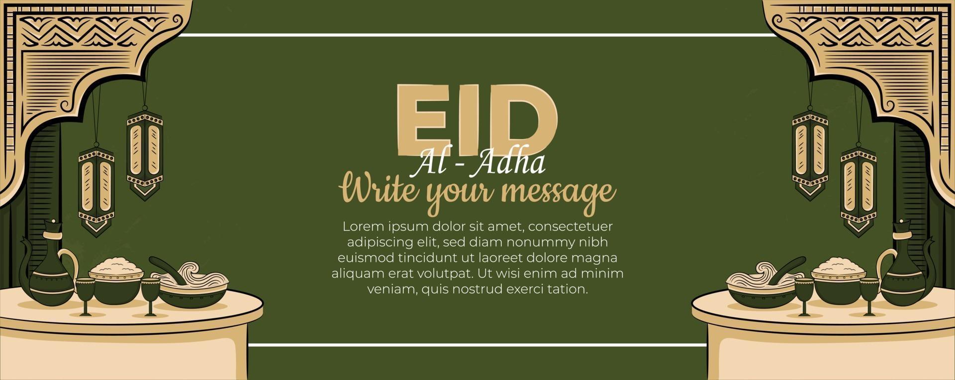 Plantilla de banner de eid al-adha con musulmanes dibujados a mano, mezquita, linterna y adornos islámicos en fondo verde. vector