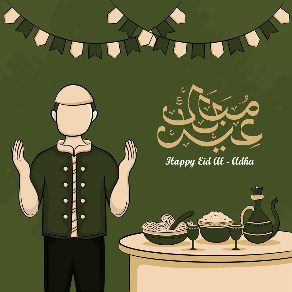 Tarjetas de felicitación de eid al-adha con dibujado a mano de musulmanes y comida islámica en fondo verde. vector