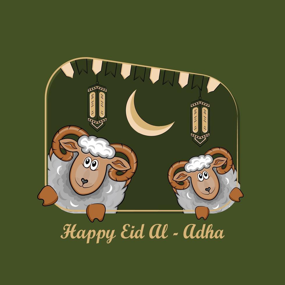 Tarjetas de felicitación de eid al-adha con ovejas dibujadas a mano y linternas en fondo verde. vector