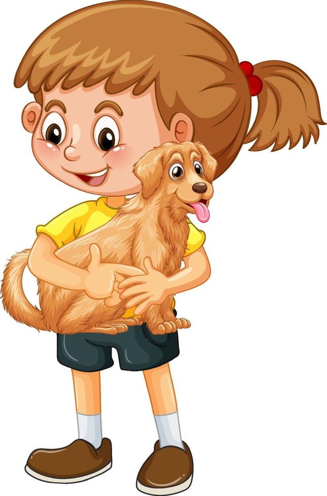 Happy girl cartoon character hugging a cute dog vector