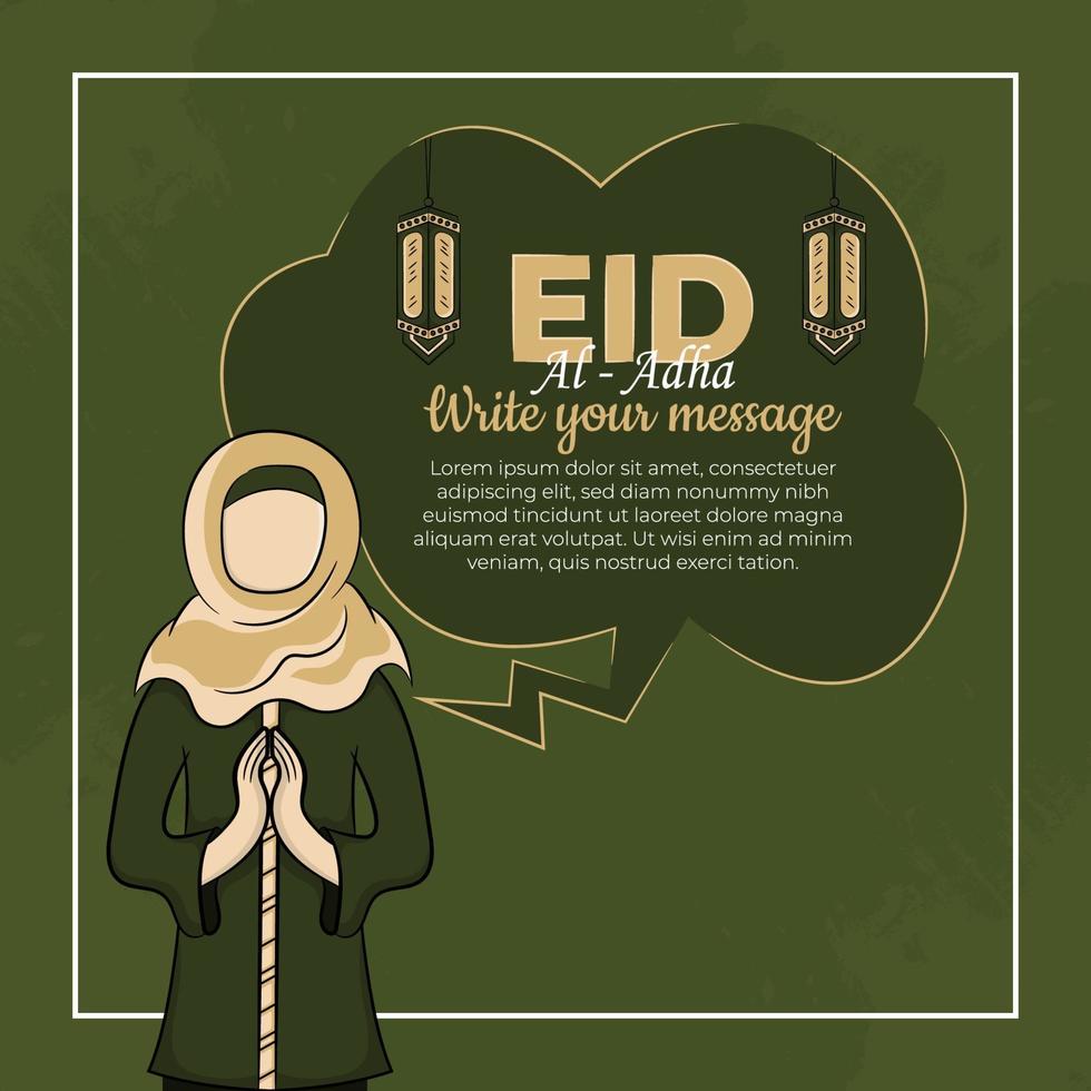 Tarjetas de felicitación de eid al-adha con musulmanes dibujados a mano y linterna en fondo verde. vector