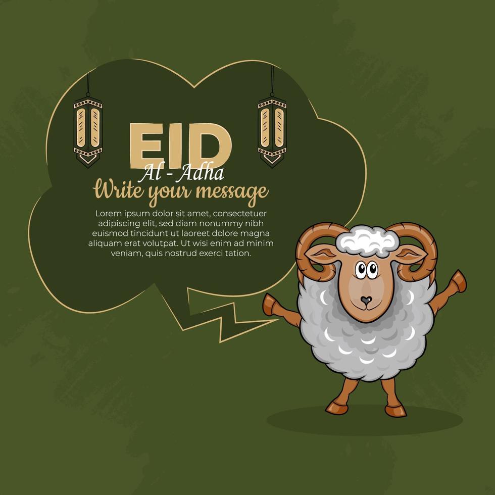 Tarjetas de felicitación de eid al-adha con ovejas dibujadas a mano y linternas en fondo verde. vector