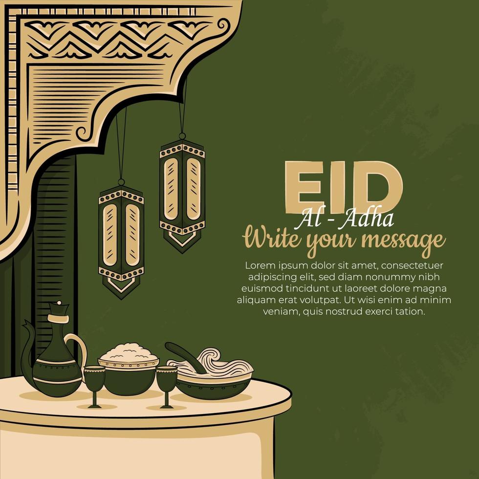 Eid al-adha Greeting Cards with Hand drawn Muslim Food and islamic ornament in Green Background. vector