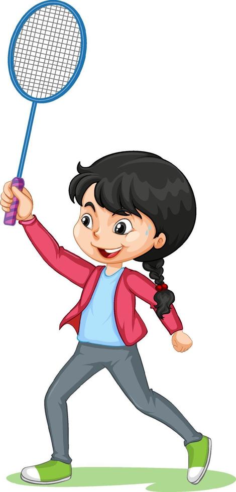 Cute girl playing badminton cartoon character isolated vector