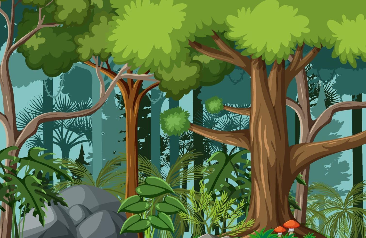 escena del bosque con muchos arboles. vector