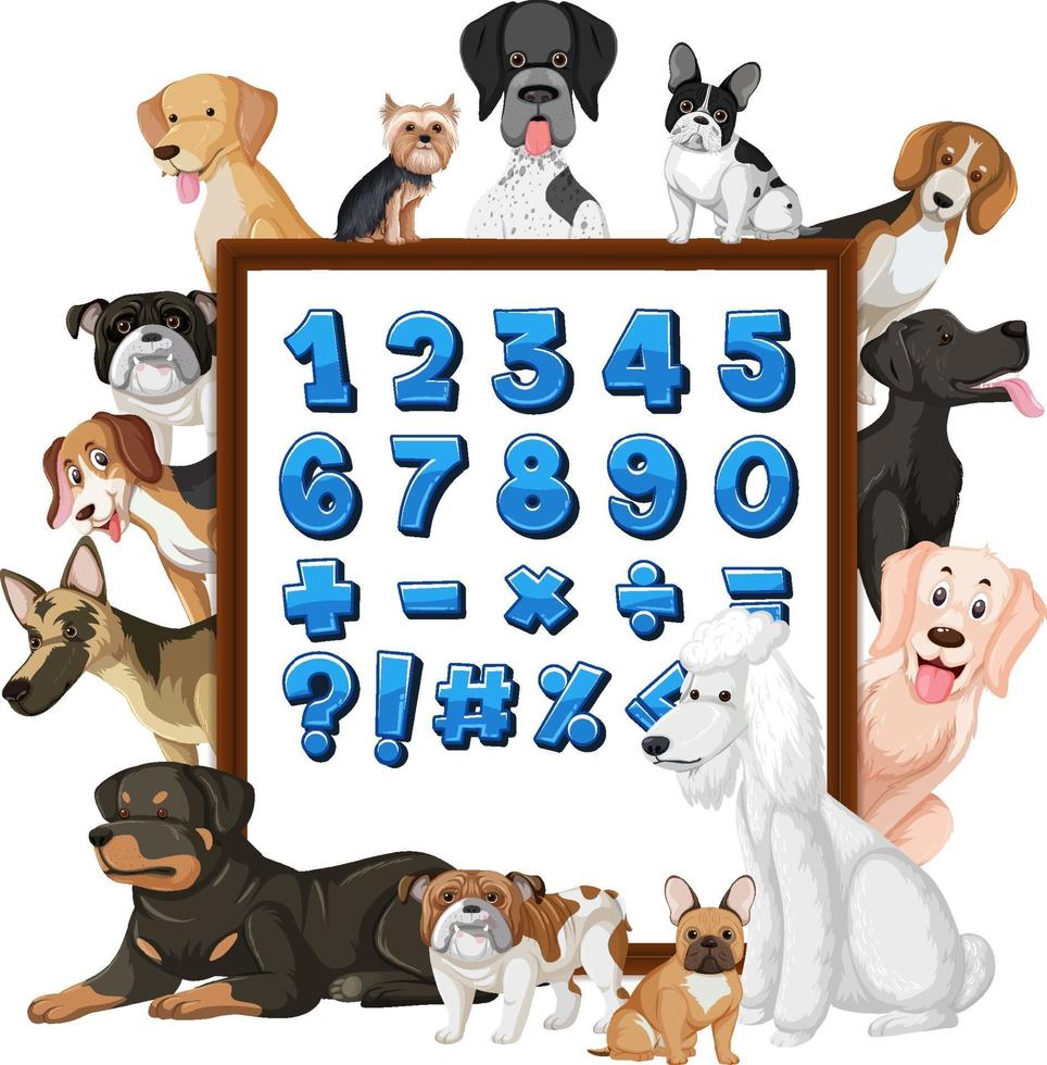 Number 1-10 and math symbols on a board with many different types of dogs vector