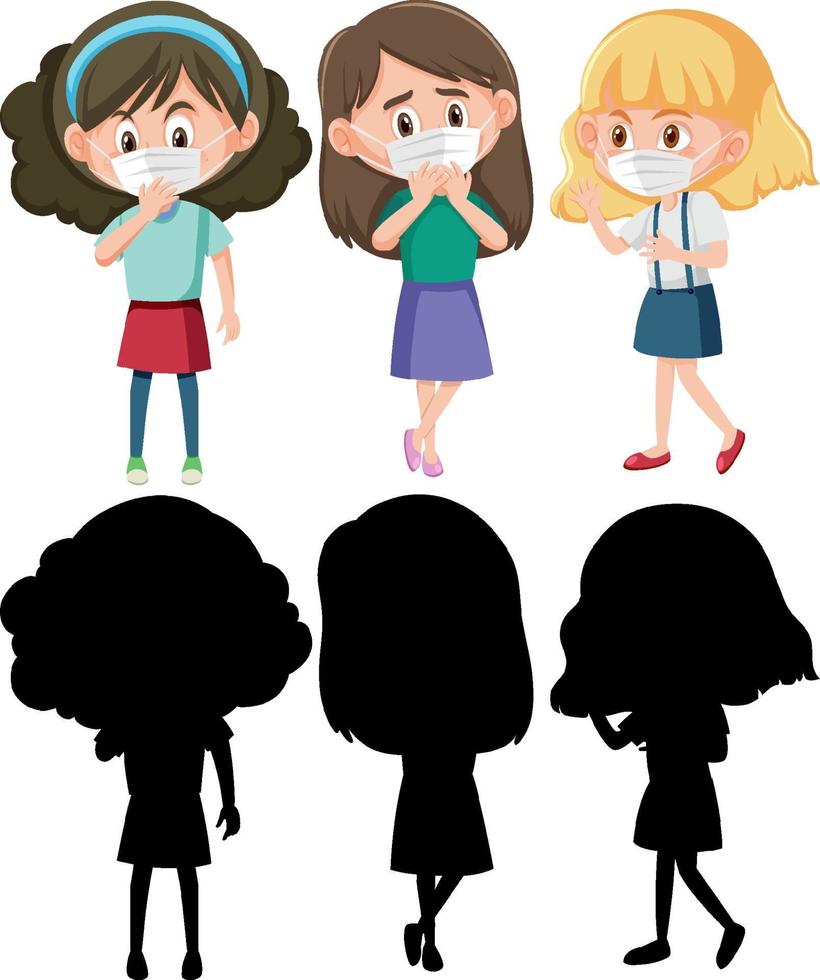 Set of different kids wearing mask cartoon character with silhouette vector