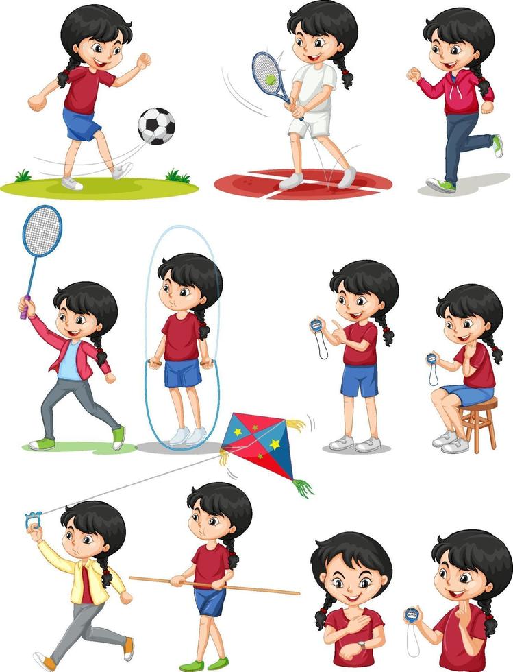 conjunto de niña haciendo diferentes tipos de deportes. vector