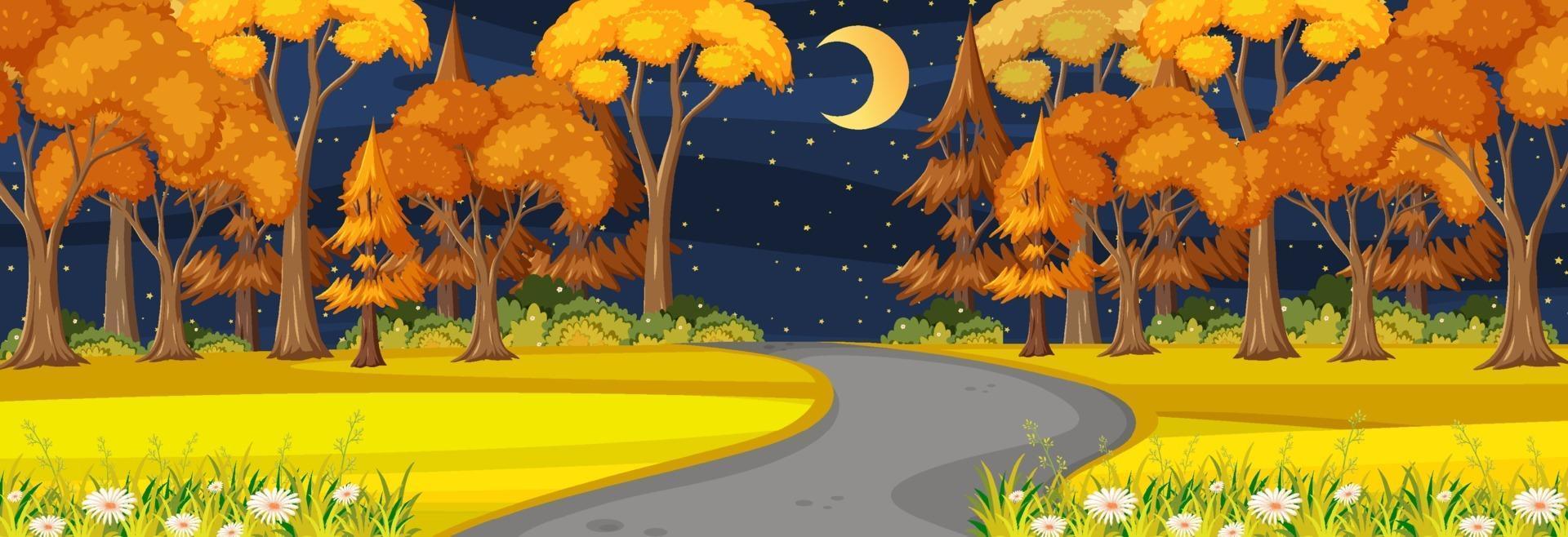 Autumn season with road through the park at night time horizontal scene vector