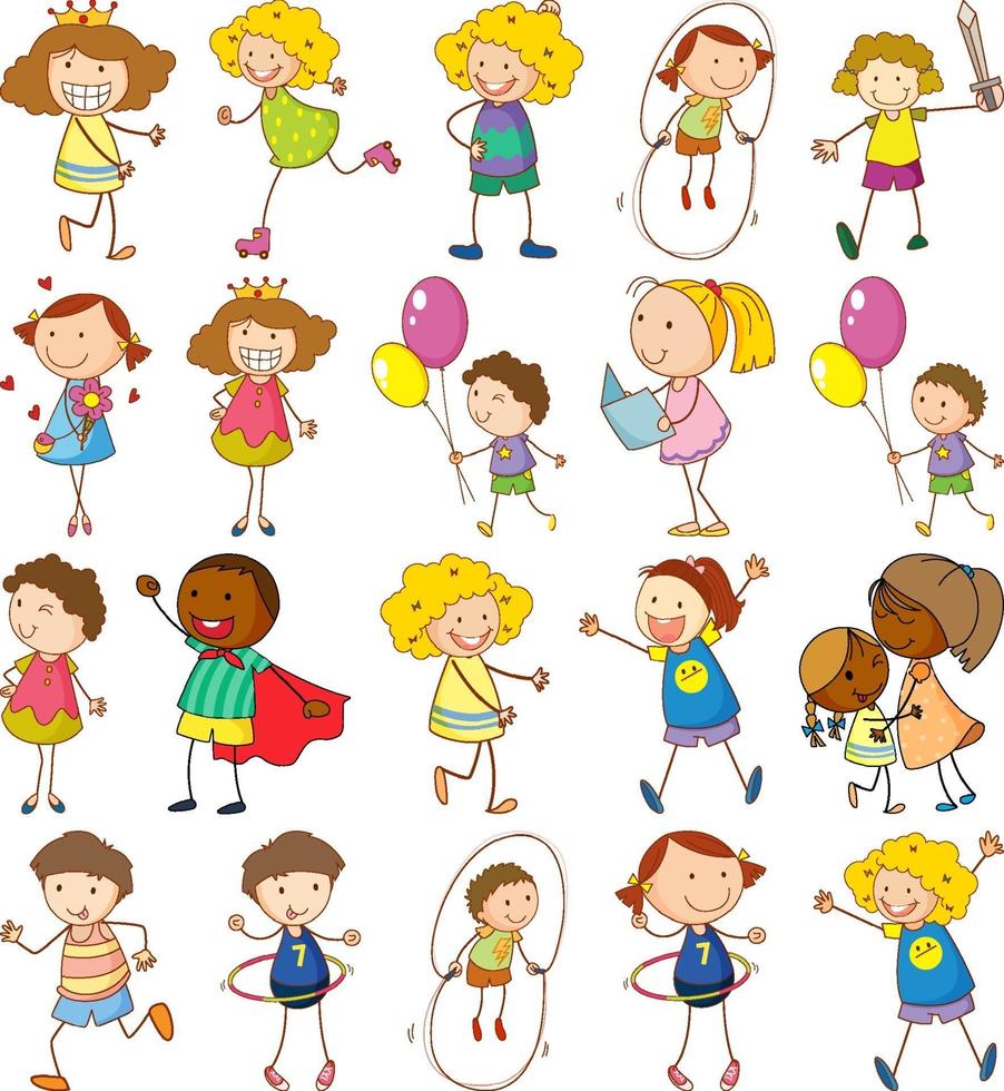 conjunto de diferentes niños en estilo doodle vector