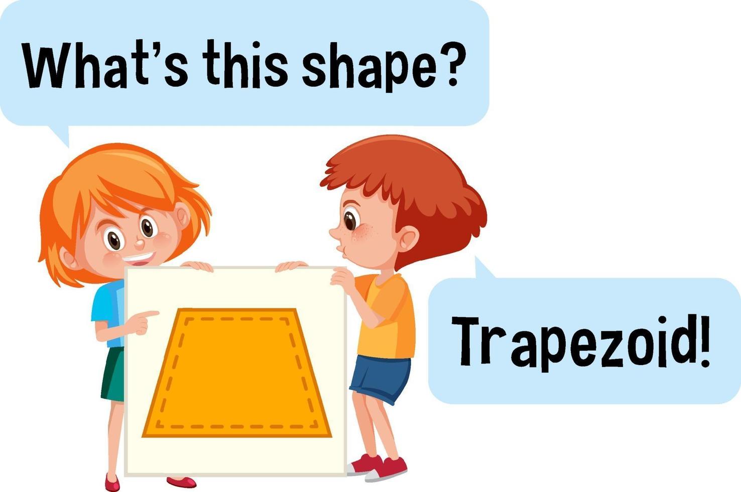 Kids holding trapezoid shape banner with What's this shape font vector