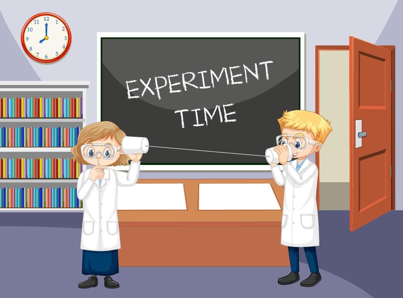 Classroom scene with scientist doing string phone experiment vector