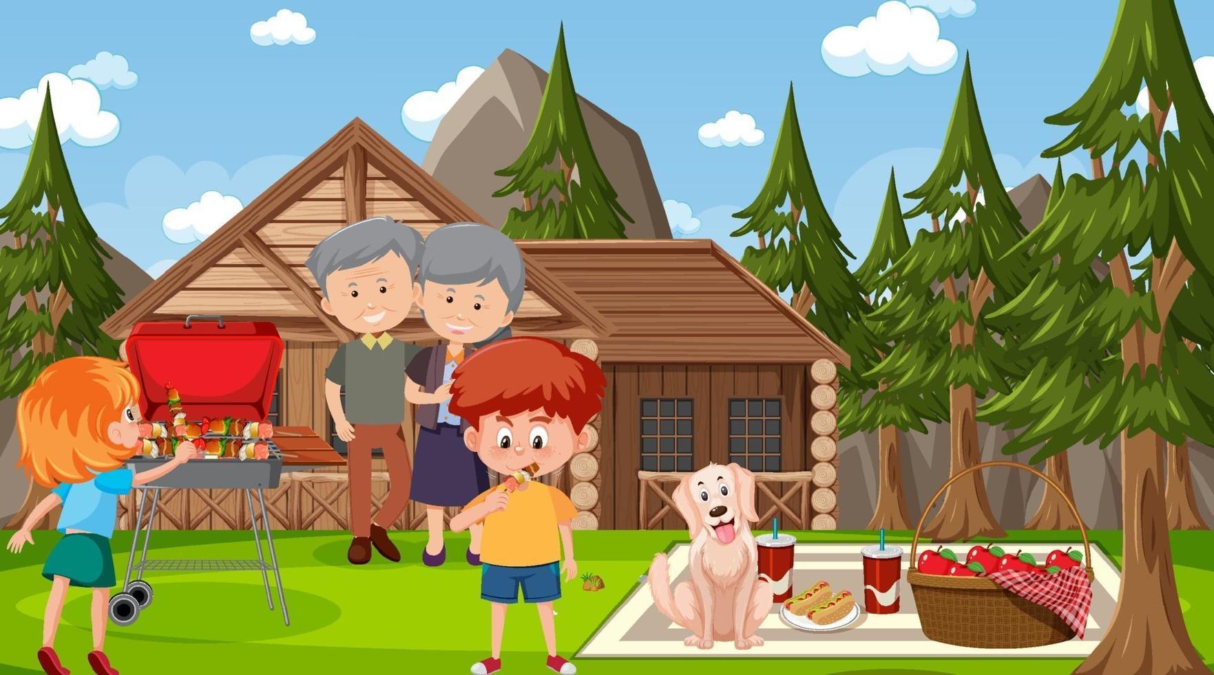 Nature outdoor scene with happy family having a picnic vector