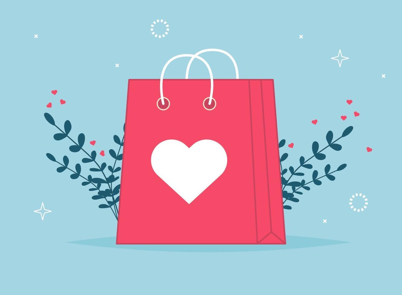 Valentines day shopping bag. Love gift paper bag vector