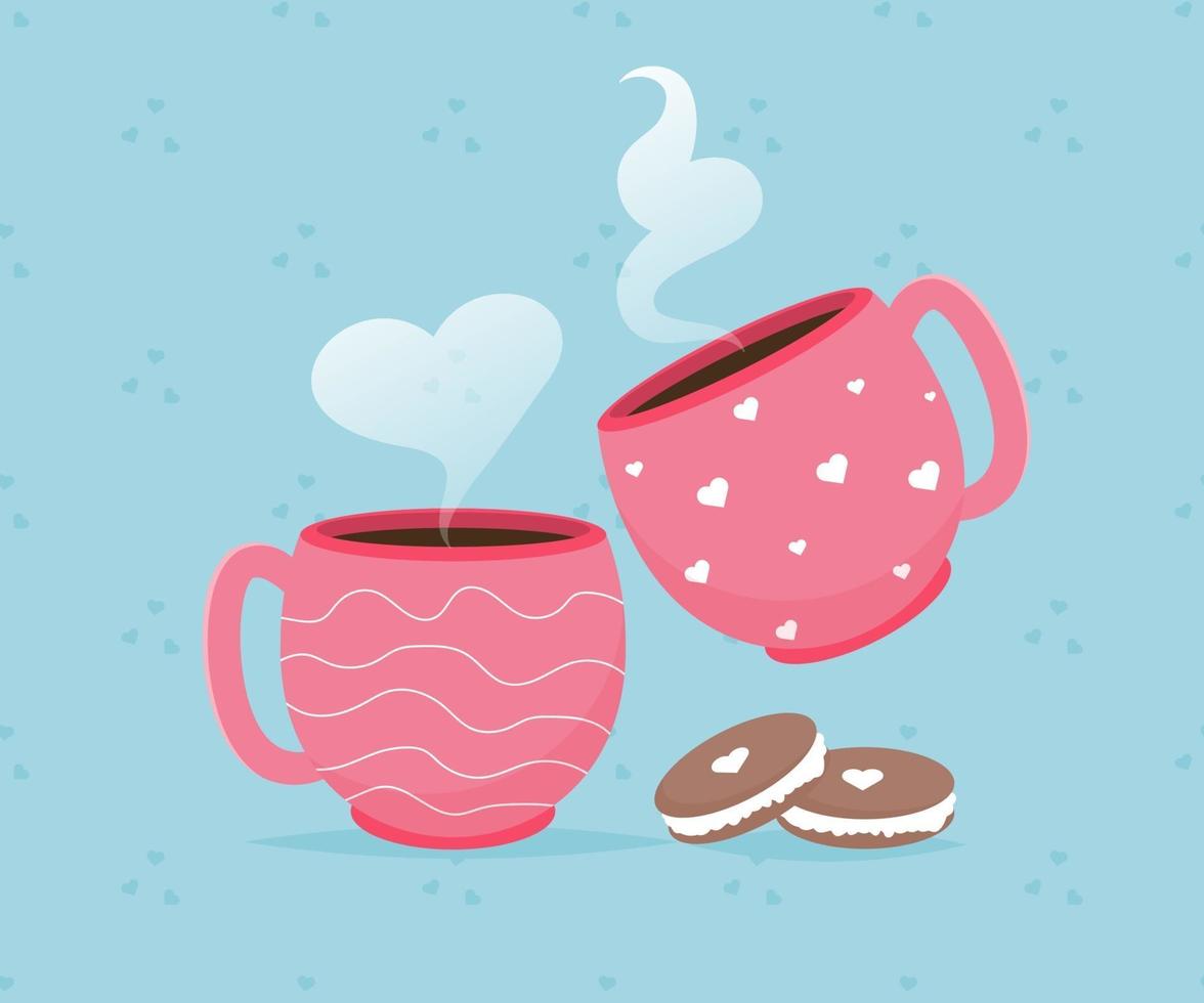 Valentine card with coffee cups macaroon dessert. Love you. Romantic holiday Valentine Day poster or greeting card. vector
