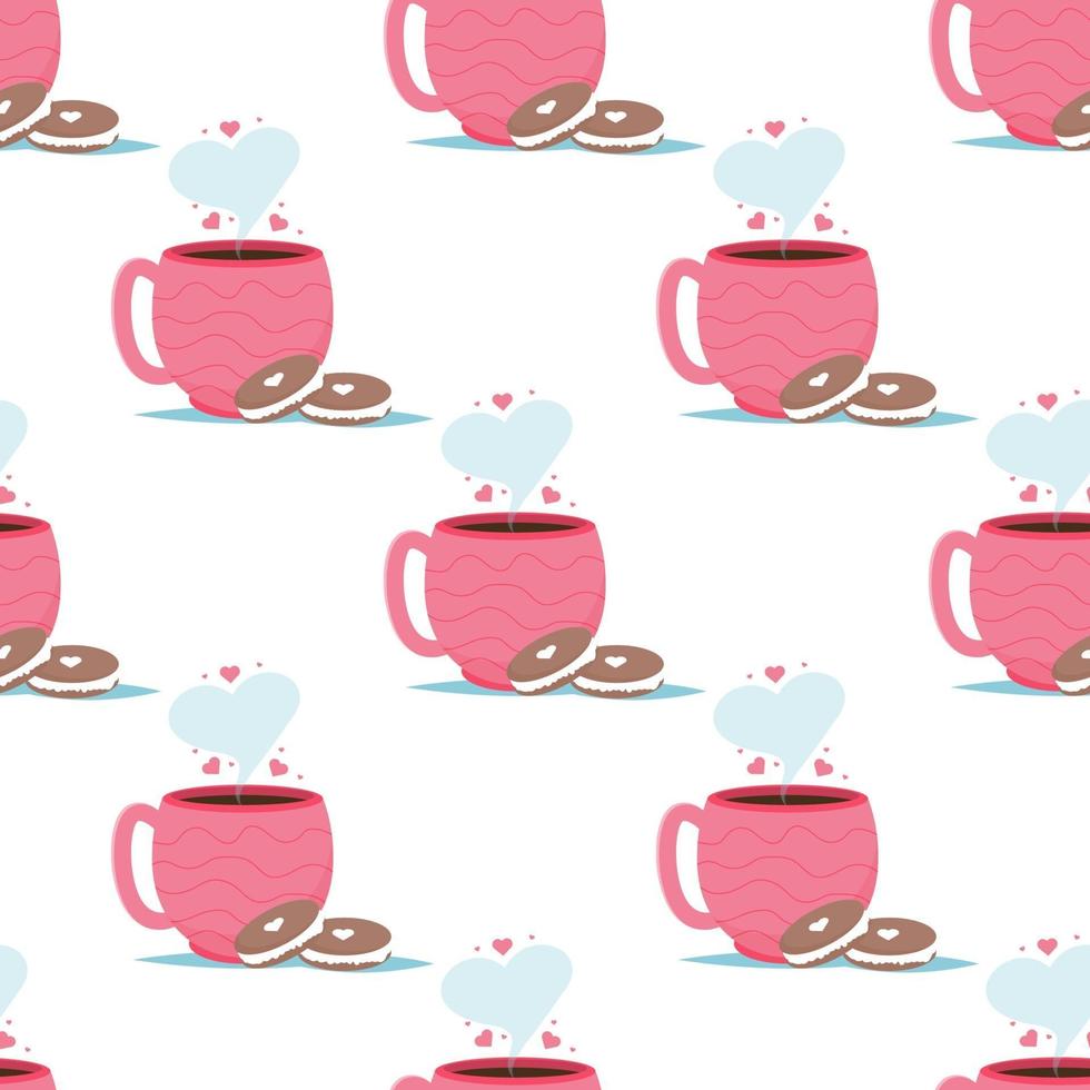 Valentine card with coffee cups macaroon dessert. Love you seamless pattern. vector