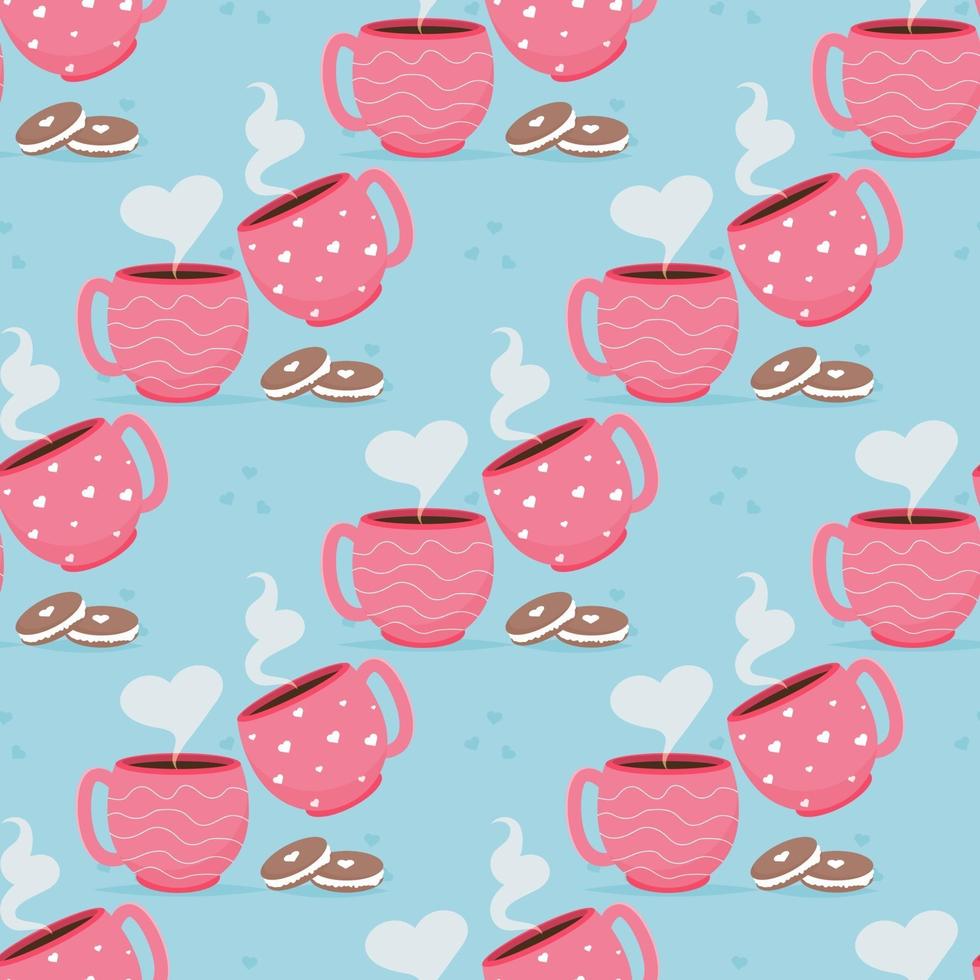 Valentine card with coffee cups macaroon dessert. Love you seamless pattern. vector